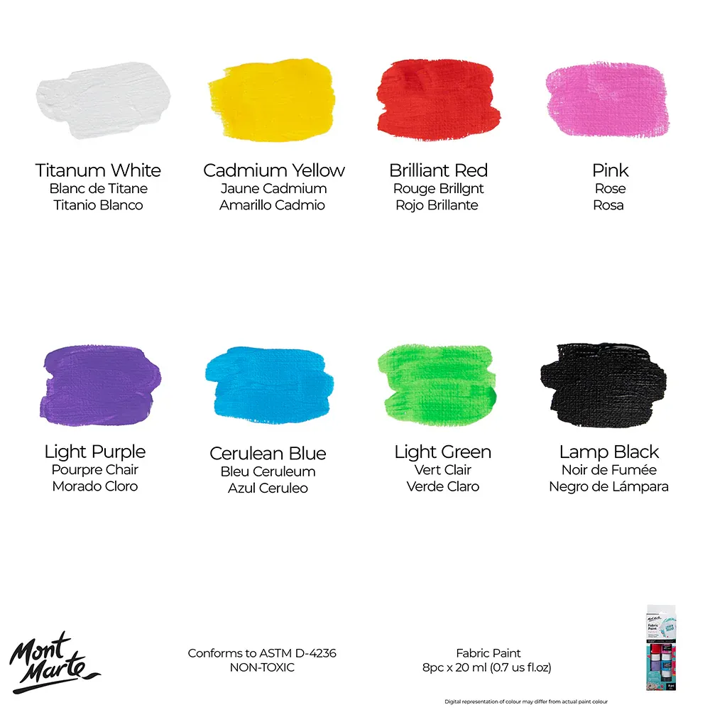 Mont-Marte-Fabric-Paint-Set-Signature-8-pc-20-ml-0.6-US-fl-oz-PMHS0022_V03-Swatches.webp